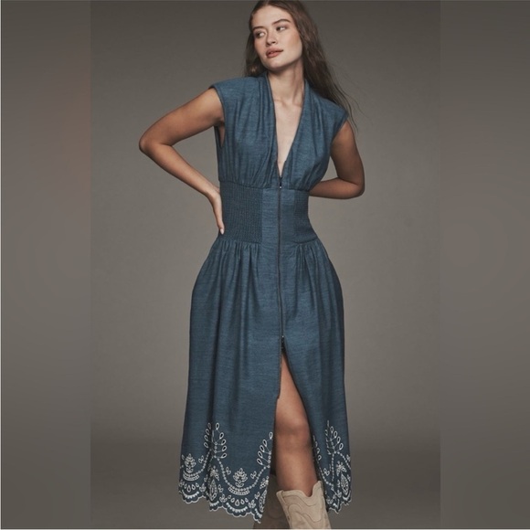 Anthropologie Dresses & Skirts - Anthropologie The Tommie Denim Chambray Zip Front Eyelet Trim Dress Blue XSP NWT